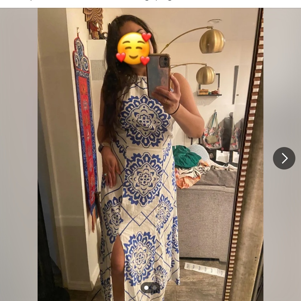 1.State Revolve Linen Blue/White Portuguese Tile Print Dress Linen/Rayon Large - Picture 2 of 4